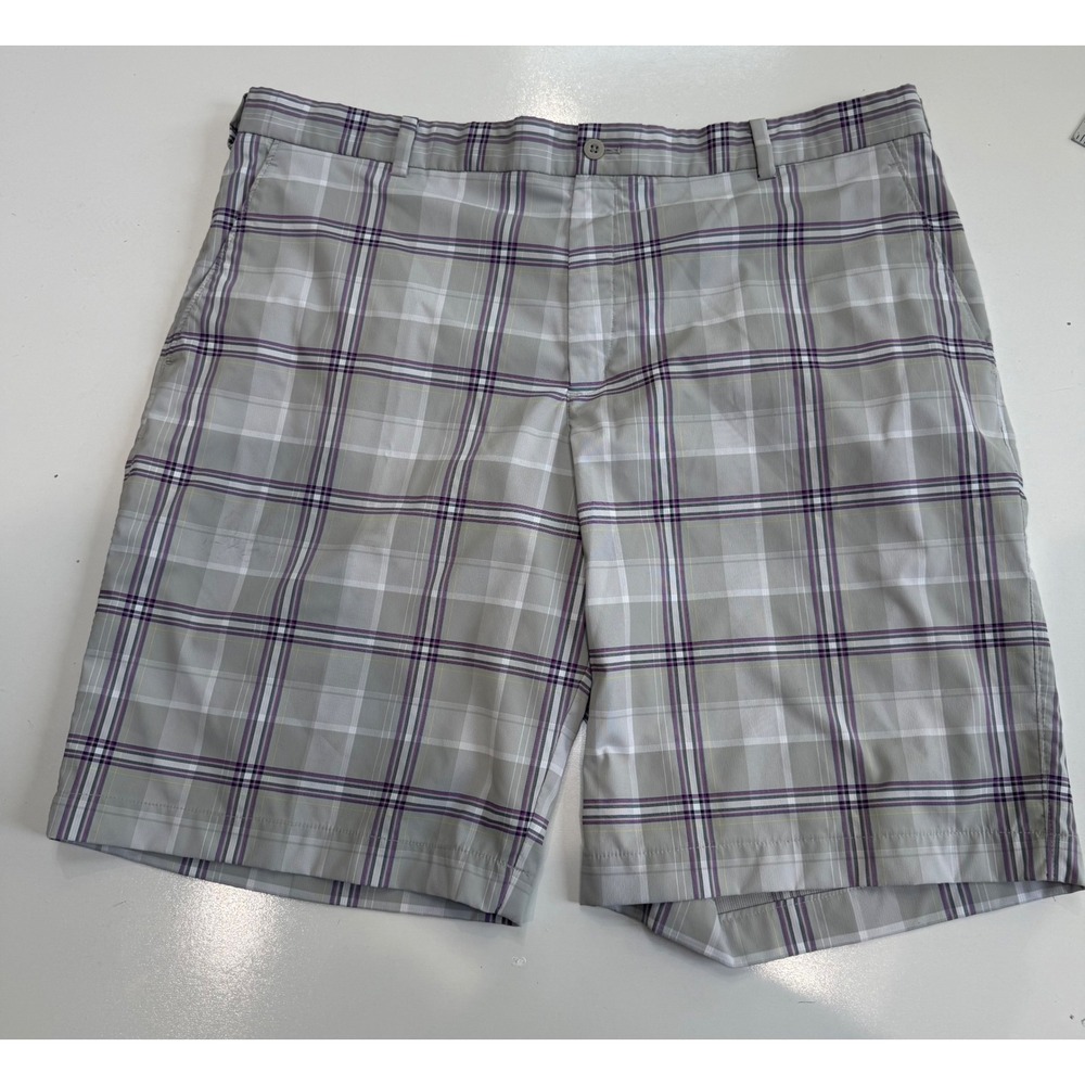 Nike Golf Dri-FIT Mens Plaid Shorts Grey Purple Size 40 Flat Front Performance